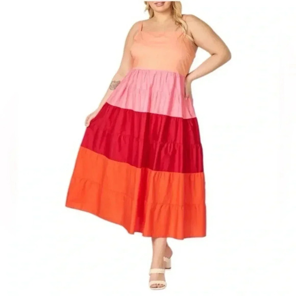 ENGLISH FACTORY Pink Red Boho Siena Color Block Spaghetti Maxi Plus Size 3X NWT - Picture 1 of 7